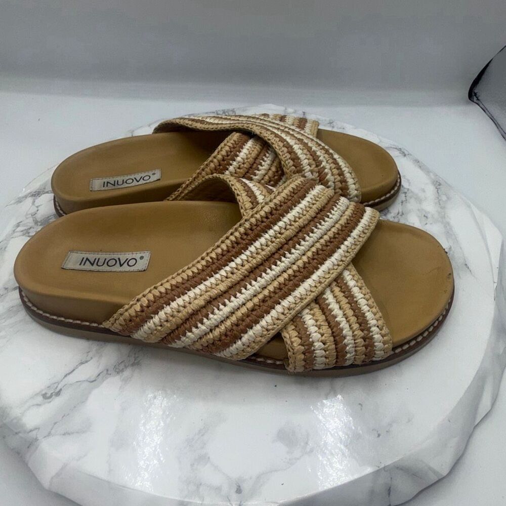 INUOVO Tan Woven Cris Cross Slip On Sandals-39/US 8.5